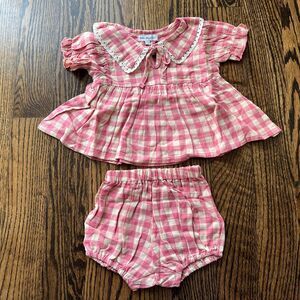 NWT - Bebe Organics Cream Raspberry Gingham Scallop Collar Set (12M)